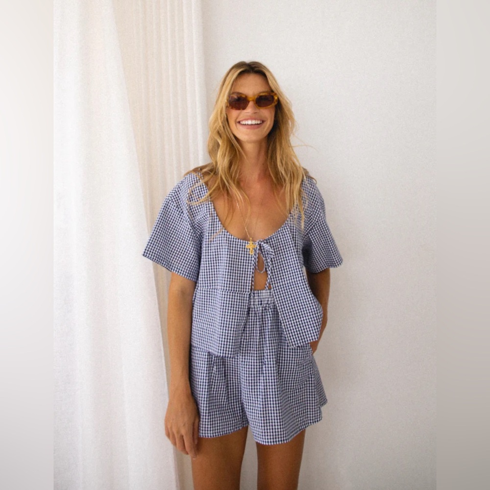 Vrg Grl The Sea & I Smock Top & Shorts Set Navy Gingham